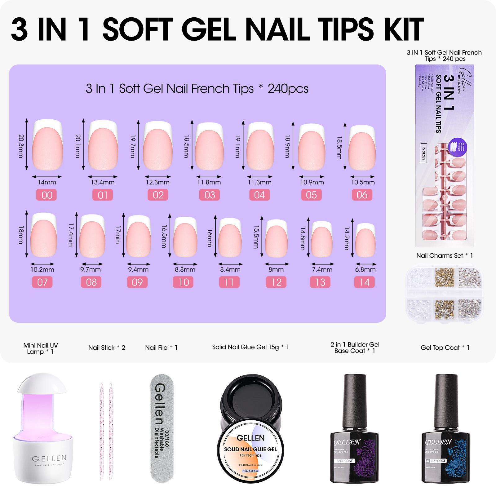 Gellen Complete French Tip Nail Kit – 240pcs, Gel top coat & base coat, UV lamp, Solid Nail Glue Nailartkits Polishset
