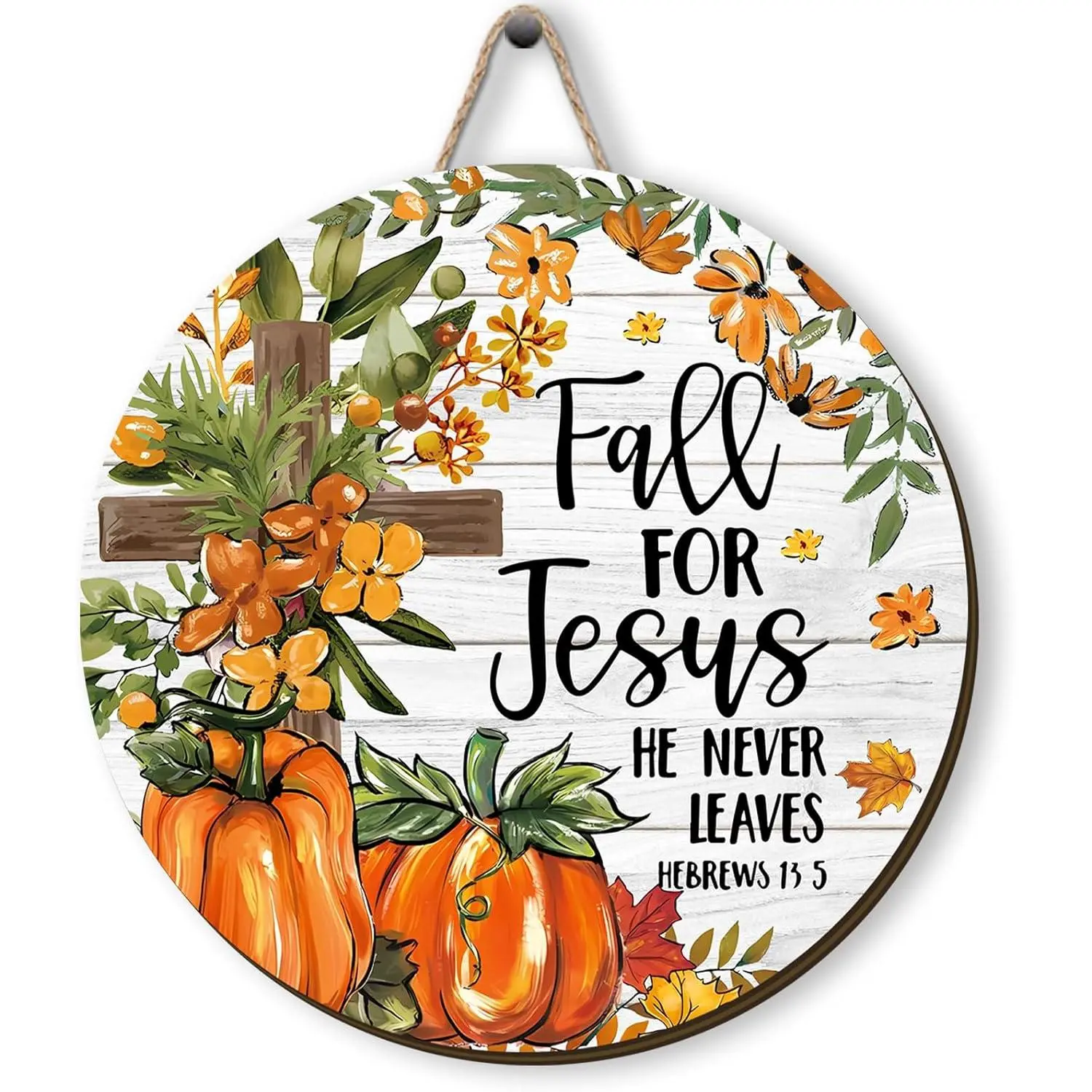 Vintage Wood Fall Pumpkin Wreath with Welcome Sign - Sturdy, Lightweight, Long-Lasting Country Rustic Farmhouse Home Decoration, Wall Hanging for Front Doors, Thanksgiving Holiday Party Accent with Hanger