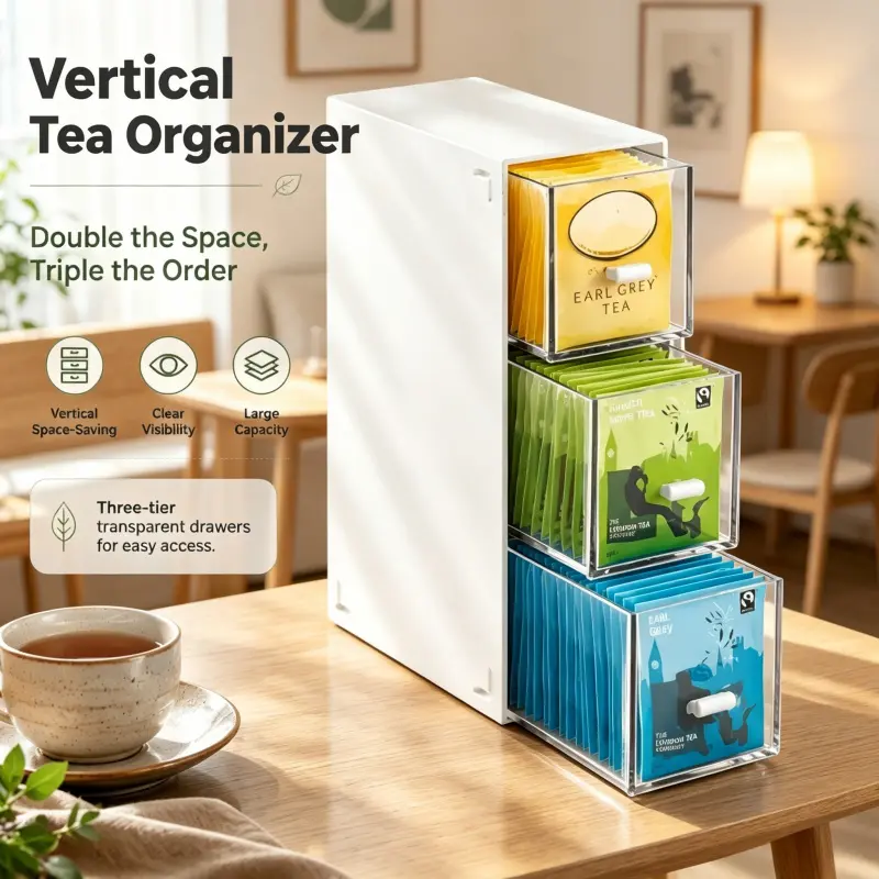 Vertical Design Tea Storage Organizer With 3 Pull Out Clear Drawers Maximize Counter Space Large Capacity Tea Bag Packet Holder