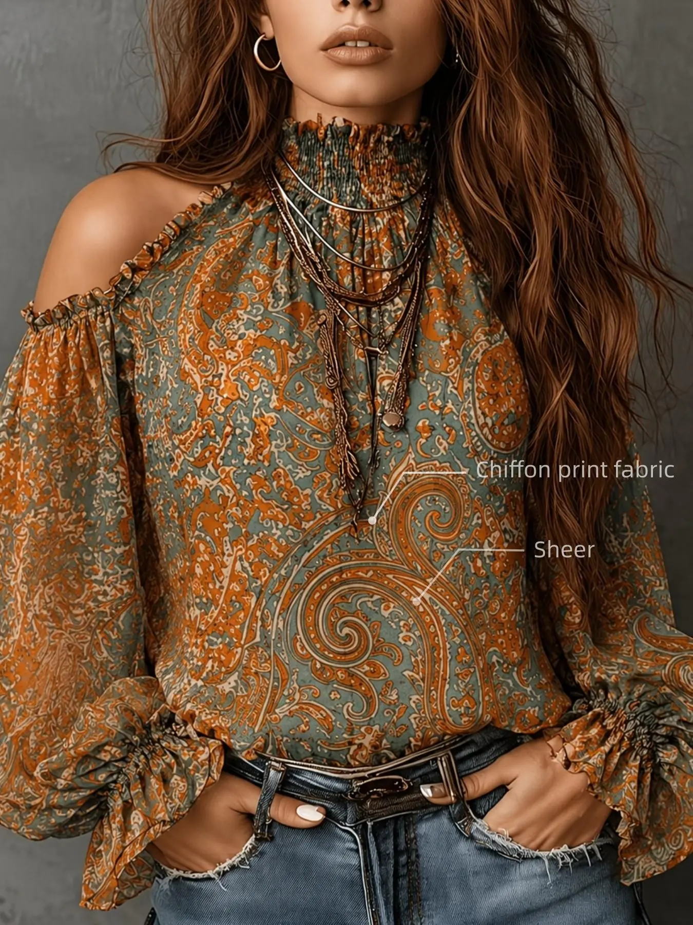 Women's Vintage Bohemian Paisley Pattern Cold-Shoulder Blouse, Boho Clothing Blouse, Elegant Retro Design Shirt, Tops, Perfect for Casual & Formal Wear, Boho Casual Wear, Unique Fashion Piece