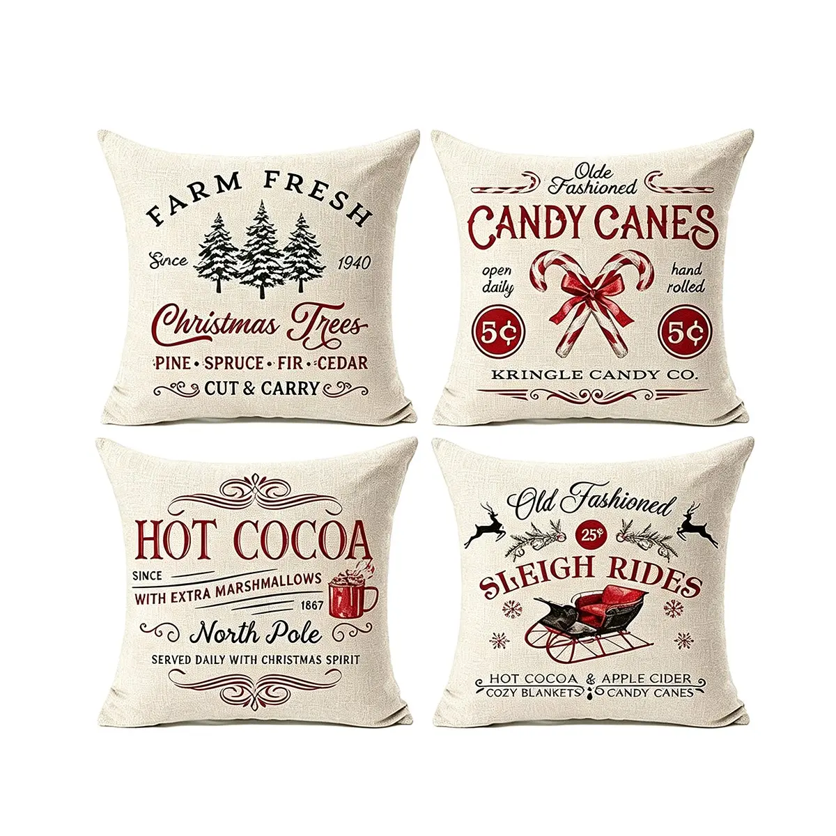 4pcs Holiday Pillow Covers, Pine Tree, Reindeer, Sleigh, Candy, Winter Festival Cushion Covers for Sofa, Living Room, Bedroom, Christmas Decor