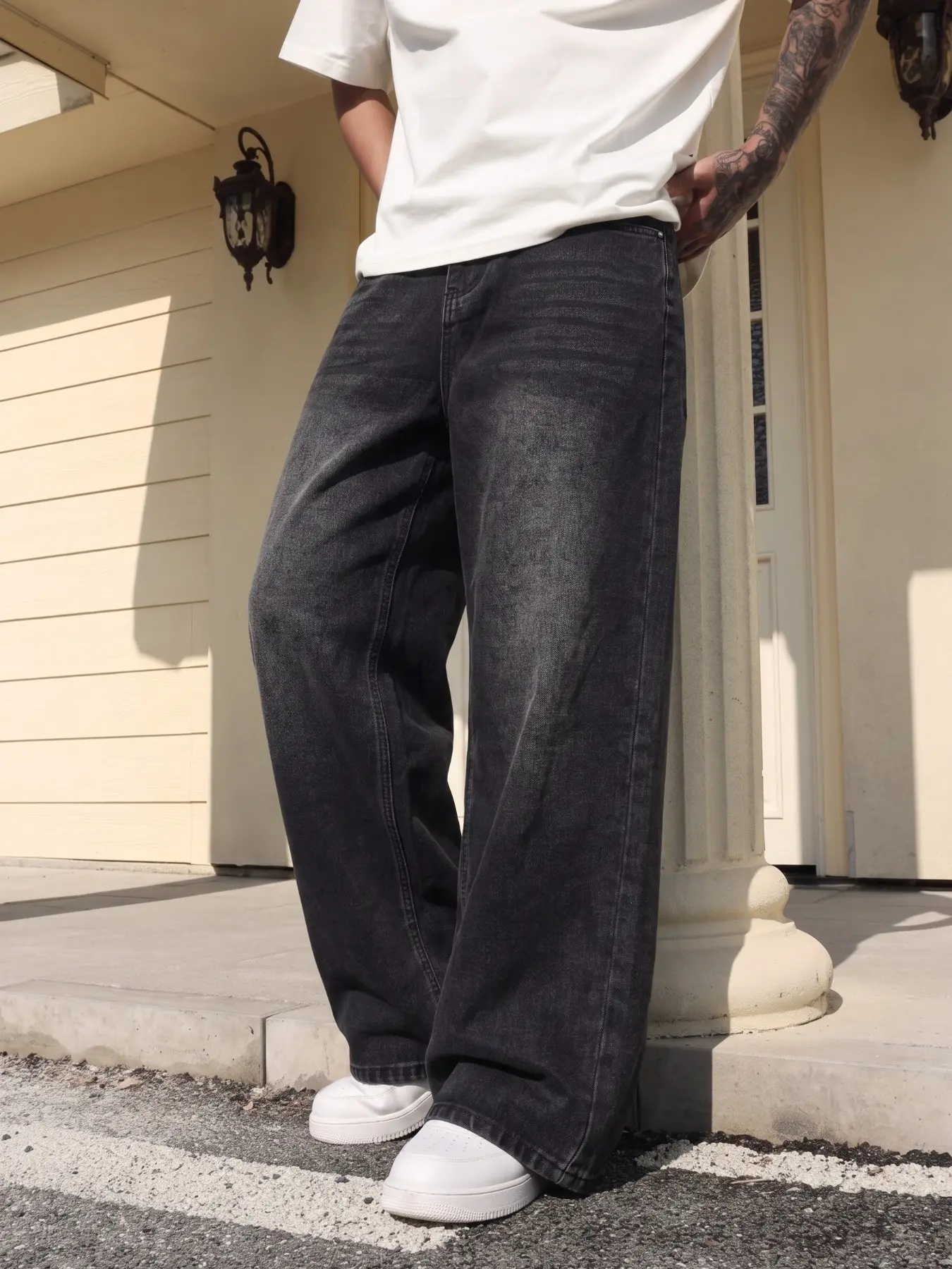 Men's Loose Wide-Leg Denim Jeans, Fashion Casual Long Pants, Plain Denim Pants, Plain Denim Trousers, High-Quality Comfortable Fabric, Suitable for Daily Commute