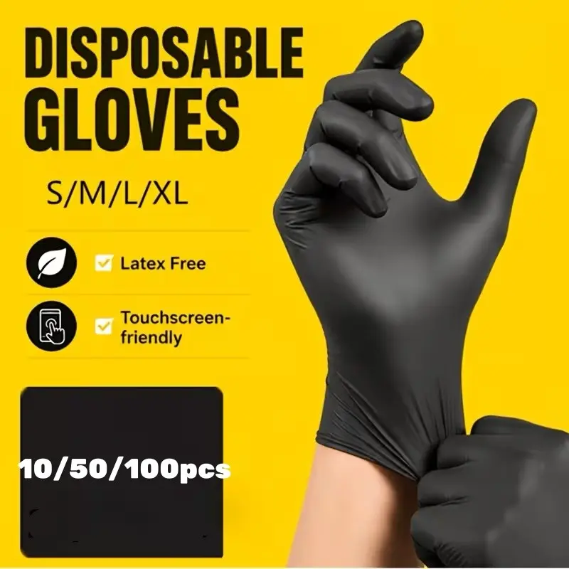 10/50/100pcs Black Vinyl Gloves, Latex-Free Dust-Free Household Home Durable Cleaning Gloves, Suitable for Tattoos, Bathroom Cleaning, Hair Salons & Nail Repairs, Popular Sizes (S/M/L/XL), Cleaning Supplies