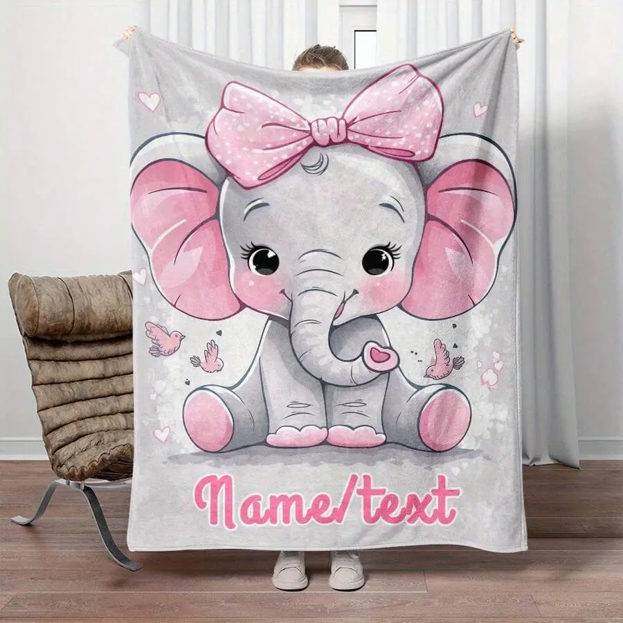 Personalized Elephant Throw Blanket, Pink Bow Cute Flannel Blanket, Soft Cozy Warm Throw, Custom Name Design, Newborn Baby Shower Gift for Girl, Nursery Crib Stroller Couch Decor ﻿ ﻿ ﻿ holiday