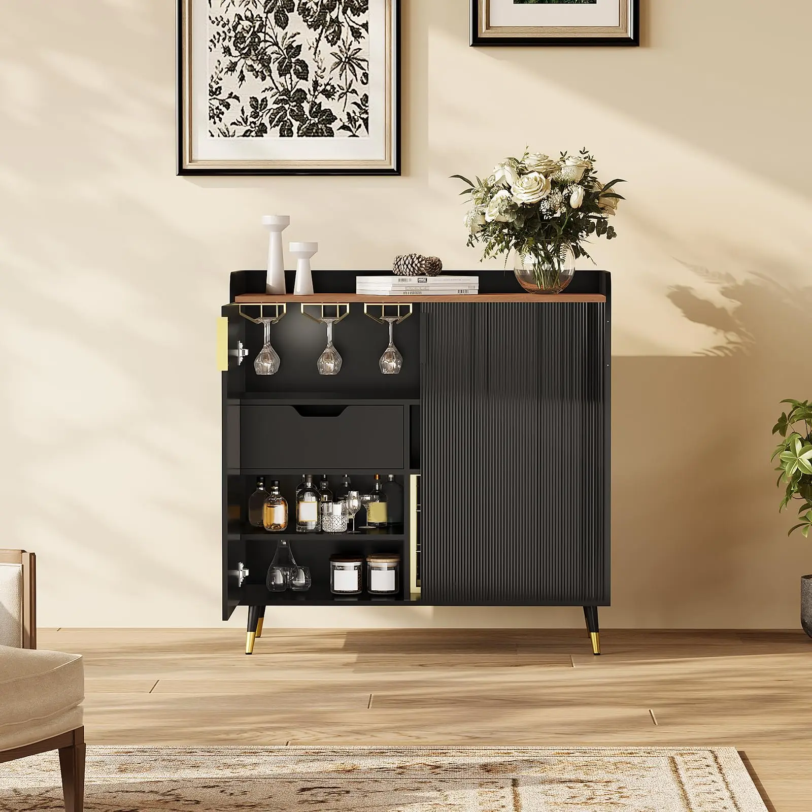Garvee Modern Wine Bar Cabinet for Wine Rack and Glasses, Coffee Bar & Liquor Cabinet,  Sideboard Buffet Cabinet with Storage & Decorative Fluted Doors for Home Dining Room, Living Room