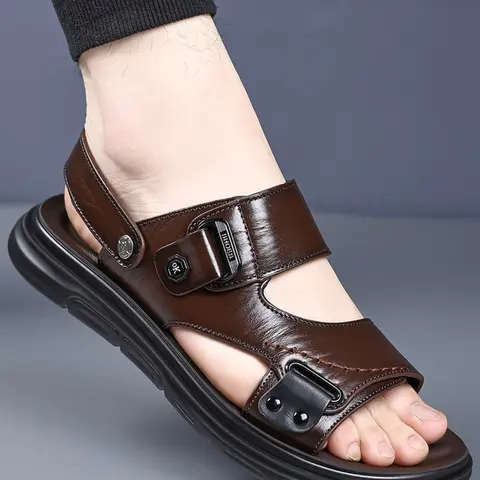 Men's Summer Leather Sandals, Casual Walking Shoes, Outdoor Beach Comfortable Footwear, Open-Toe Fashion Lightweight Sole, Breathable Leisure Style, Flexible Sandals