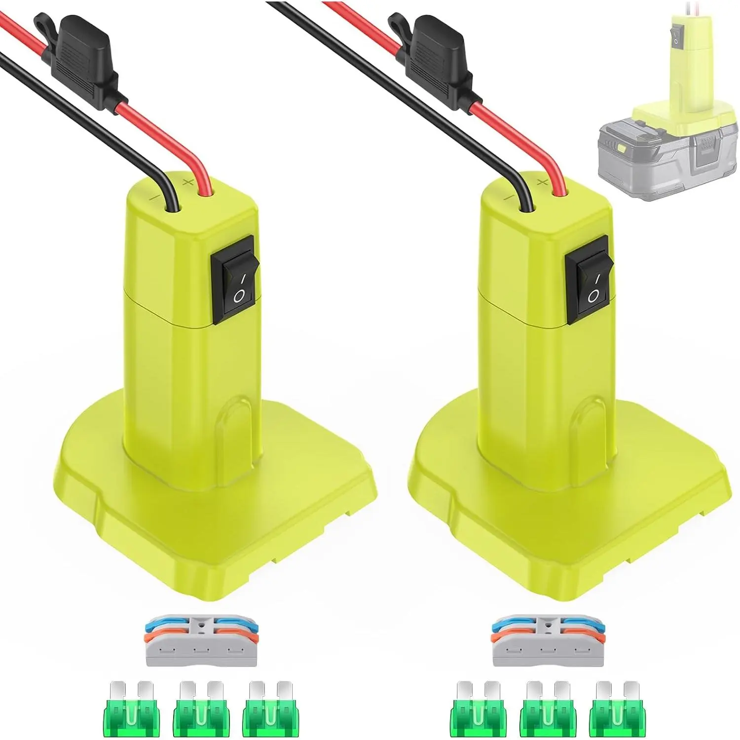 Ryobi 18V Battery Power Wheel Adapter Kit (2-Pack) - 12AWG Wires with Fuse, Plastic Body, Switch, Wire Terminals for DIY Ride-On Trucks, RC Toys