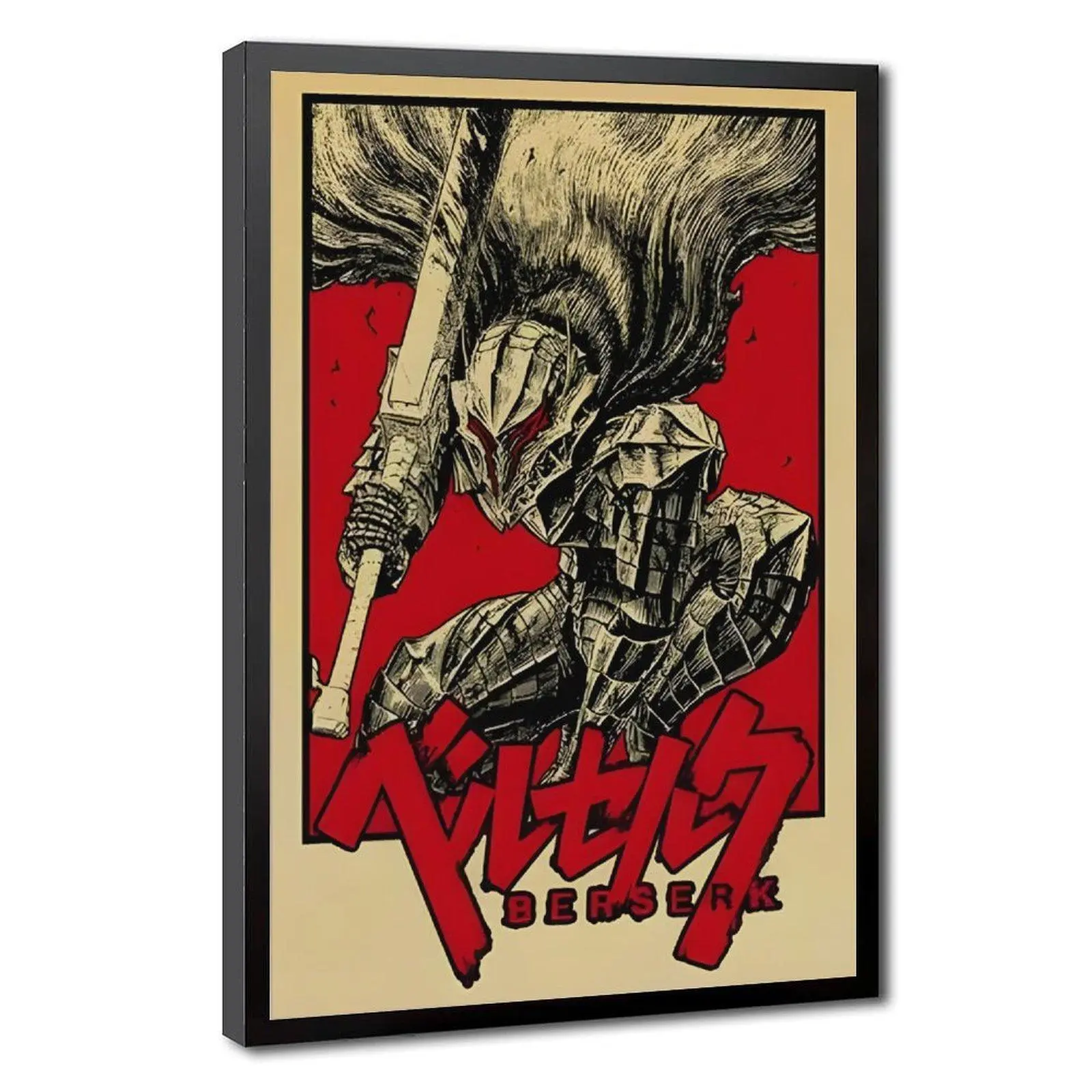 Berserk Guts Anime Theme Poster - Black Swordsman Cartoon Pattern Canvas Print, Dark Fantasy Manga Artwork, Gothic Wood Frame Wall Art with Hanger, UV-Resistant Ink, Home Decor Gift for Berserk Fans
