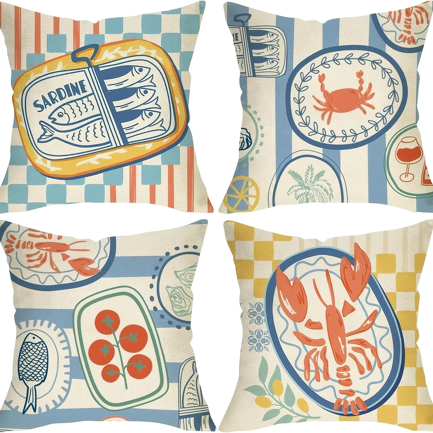 4-Piece Vintage Striped Plaid Pillowcase Set, Ocean Seafood Sardine Lobster Crab Print, Farmhouse American Style Home Decor