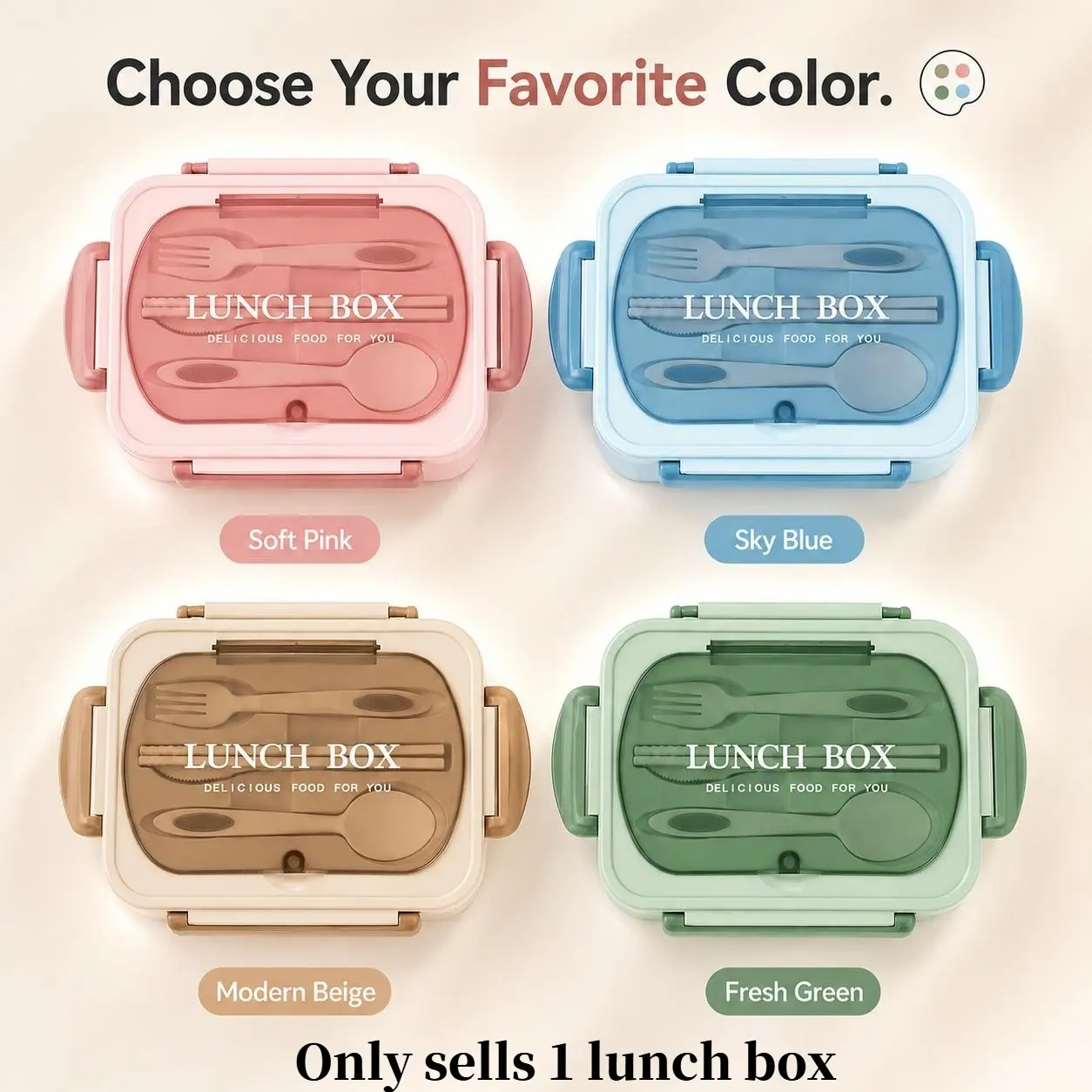 1-Pack Leakproof Divided Plastic Lunch Box with Utensils, Leakproof Bento Box, Microwavable Food-Grade PP, Secure 4-Clip Lock Lid, 4 Trendy Colors, Lightweight Easy Clean, for School Students, Office Workers, Outdoor Picnic & Travel