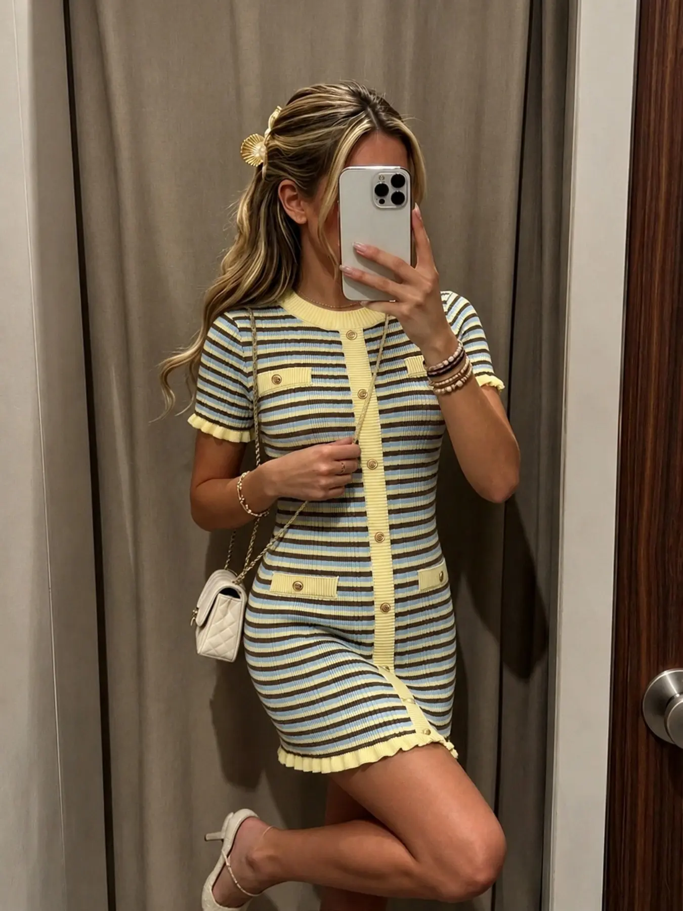 Women's Striped Contrast Trim Button Front Knit Mini Dress, Short Sleeve Slim Fit Casual Summer Dress, Striped Summer Dresses
