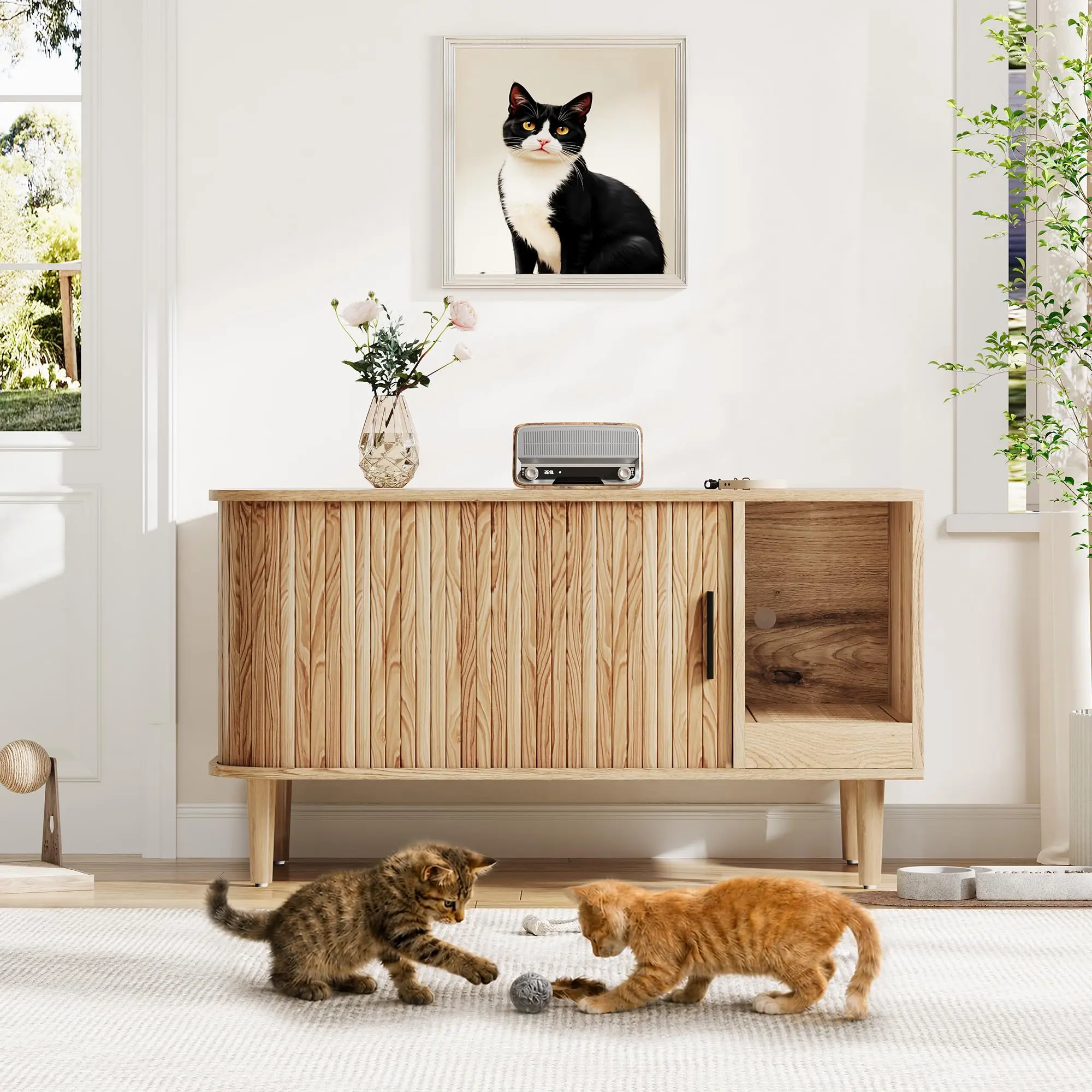 Cat Litter Box Enclosure with Odor Control – Hidden Washroom Furniture, Wood-Like Finish, Multi-Functional Top, 110 lbs Capacity