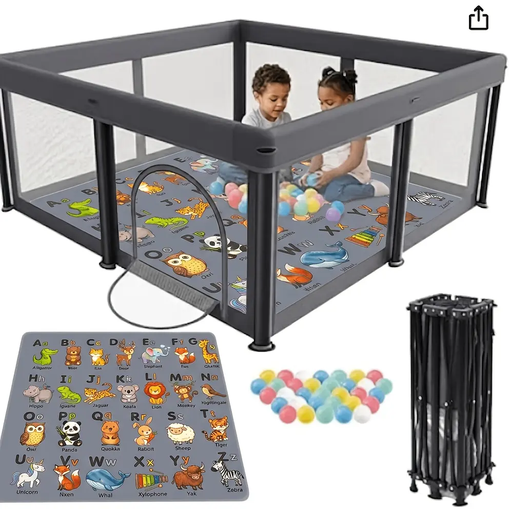 Portable Baby Playpen with Visible Mesh, 50x50 Inch Foldable Indoor/Outdoor Play Area for Babies and Toddlers, Dark Gray, Silicone