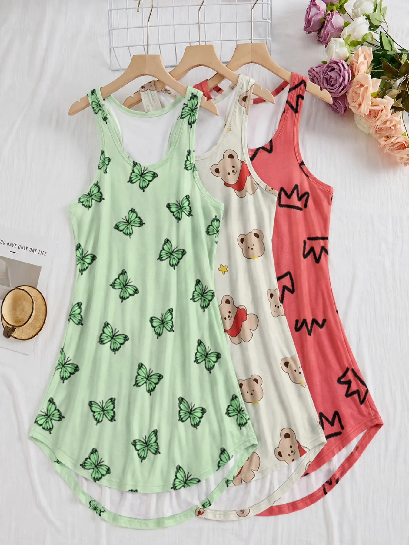 【Plus Size】 Lounge Dress, Casual Soft Comfortable Sleeveless Nightdress for Women, Women's Sleepwear for All Seasons, Homewear, Butterflies