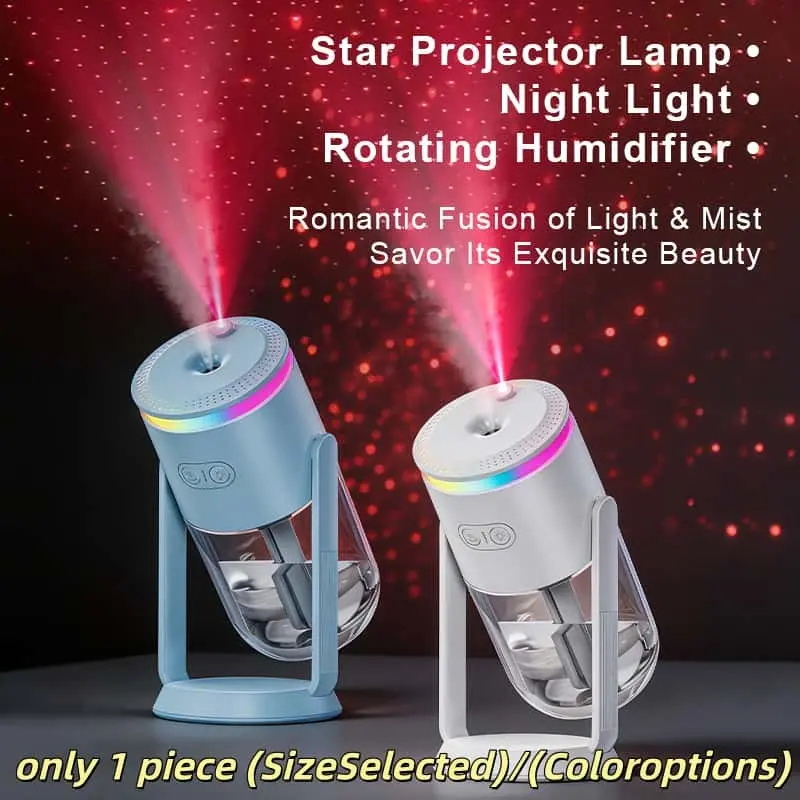 360° Rotatable Star Projector Humidifier, Portable Silent Cool Mist Diffuser, RGB Night Light, USB Rechargeable, for Car Bedroom Office