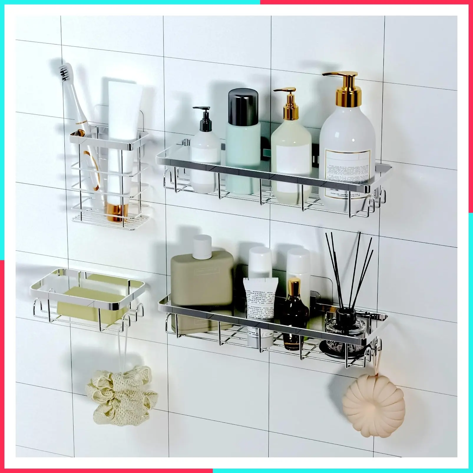 Self-Adhesive Shower Caddy Organizer with Hooks, No-Drilling Bathroom Shelves & Storage for RV, Apartment, Home Decor, Silver, 4PCS