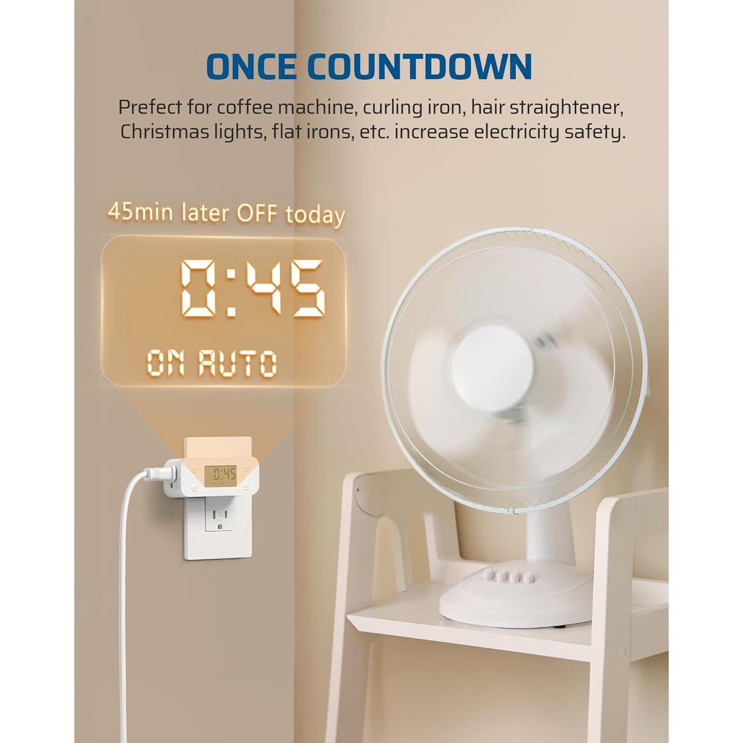 Indoor Countdown Timer Outlet, Digital Timers for Electrical Outlets Indoor with Repeat, Auto Shut Off for Fan, Lights, Charger, Curling Iron, Hair Straightener, 15A/1000W, 1/2 , 2 Pack