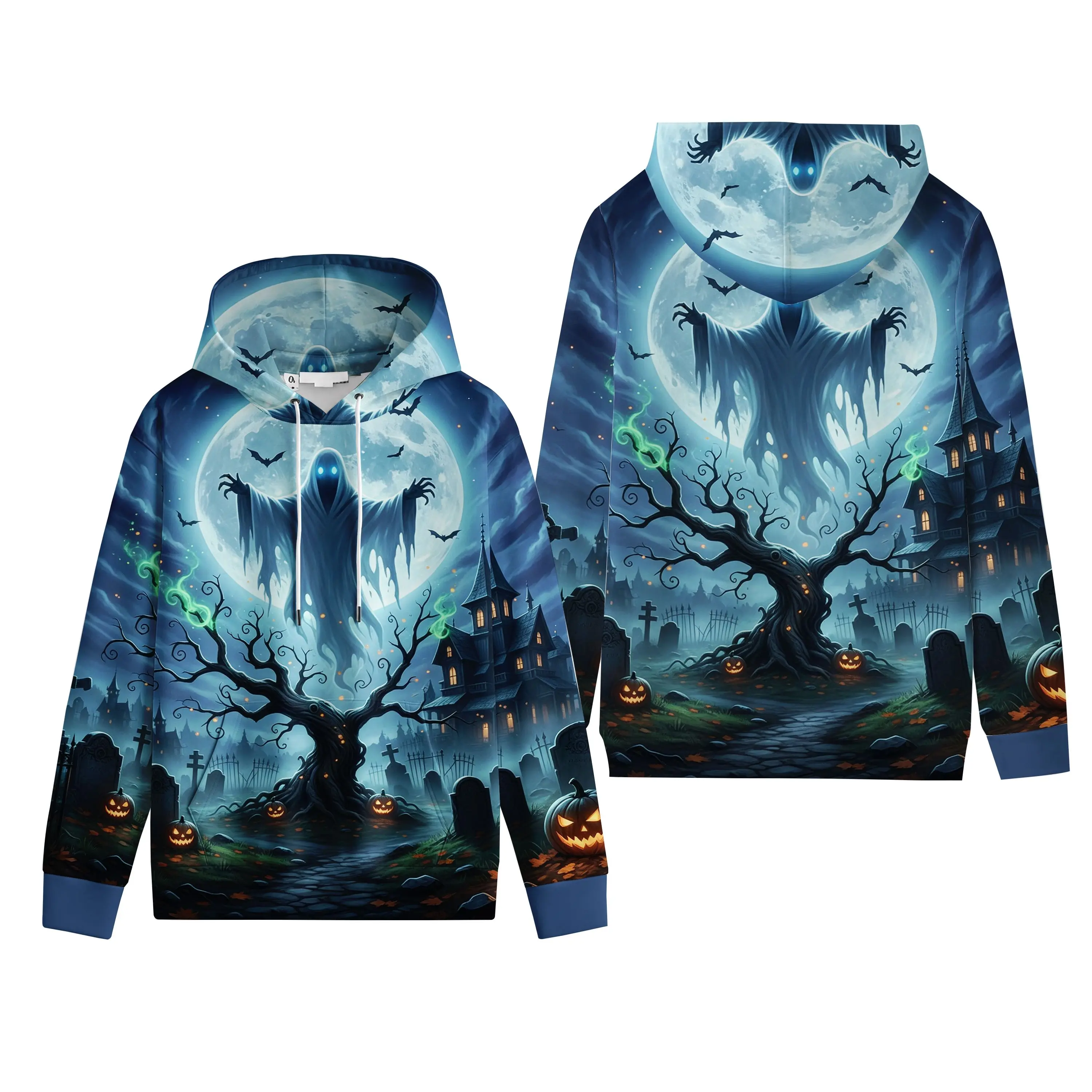 Women's & Men's Halloween Ghost Print Long-Sleeve Pullover Hoodie, Spooky Haunted House Tops with Moon Pumpkin Bat Graphics, Gothic Streetwear Menswear Sleeves Sweatshirt, Cozy Fall Costume for Trick-or-Treat