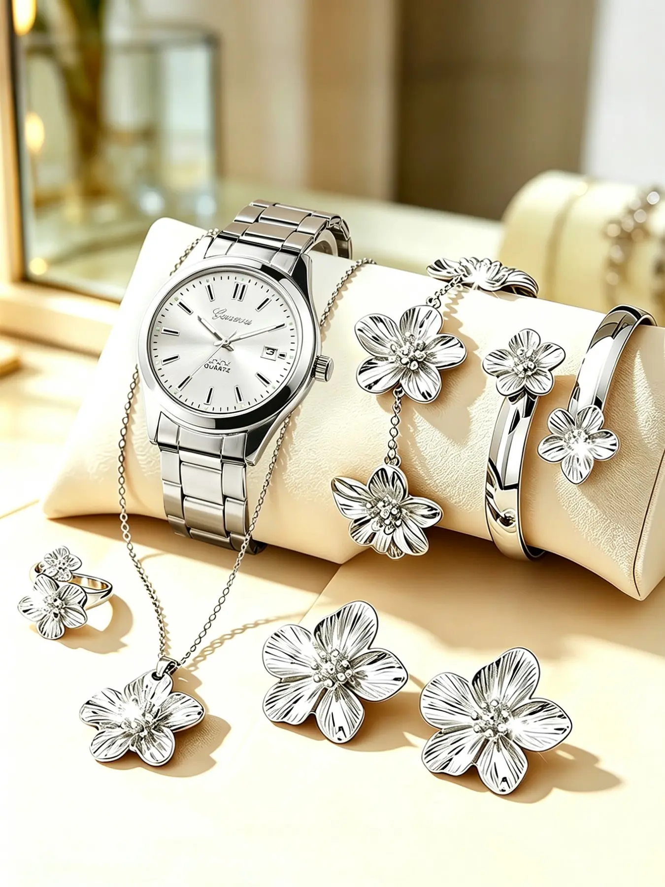 Luxurious Fashion Women's Quartz Watch Set, Stainless Steel Band, Calendar and Flower Jewelry, Romantic Valentine's Gift, Daily Wear