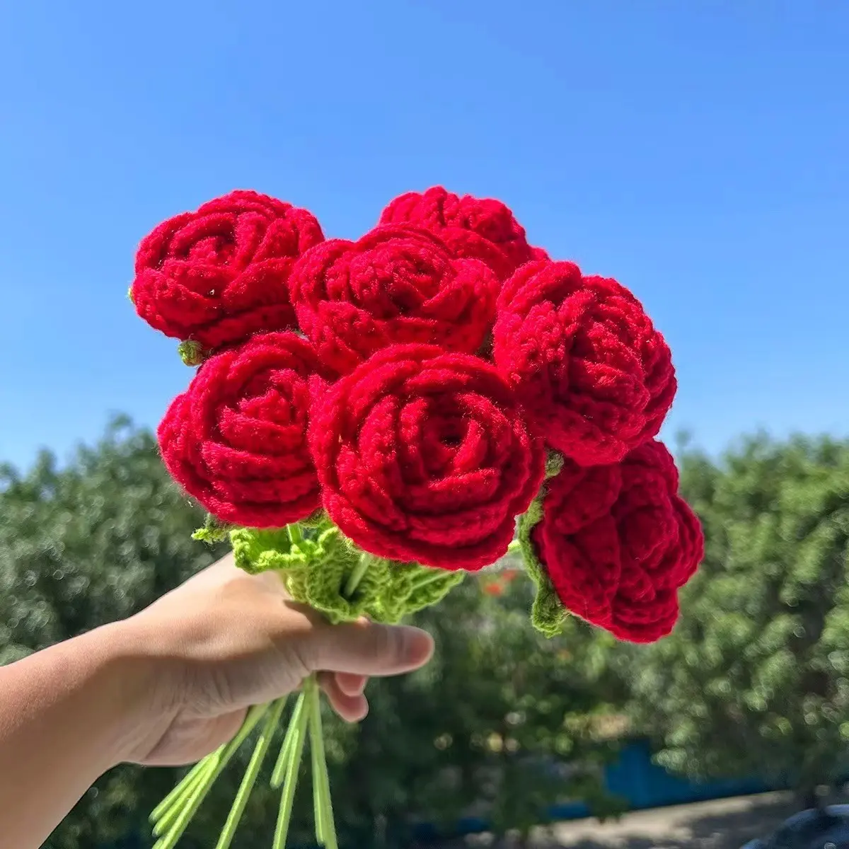 7pcs Handmade Knitted Rose Bouquet, Valentine's Day Artificial Flower Arrangement, DIY Craft Supplies, Perfect Gift Idea