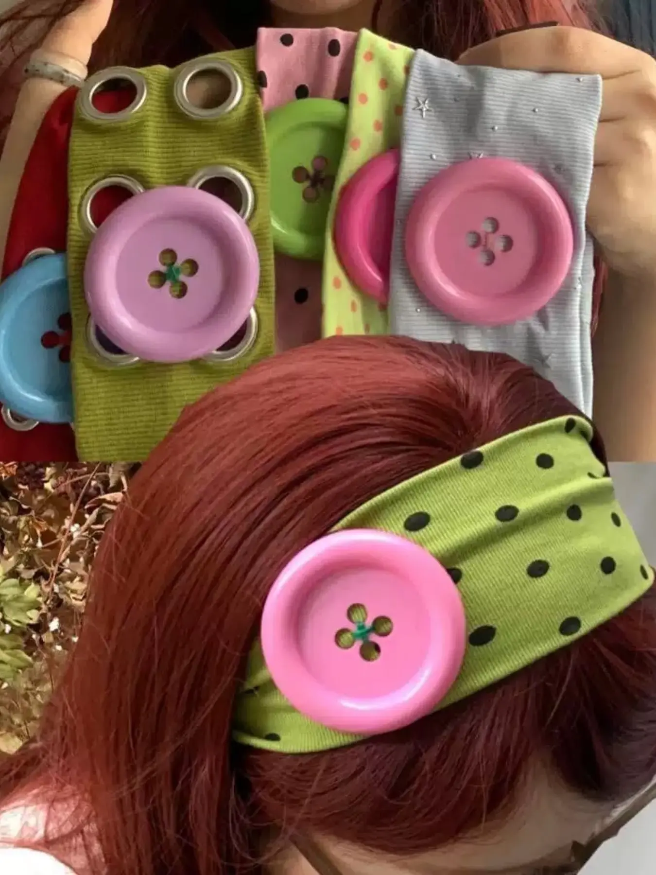 Y2K Millennial Style Colorful Large Button Lace Headband, Retro Sweet Cool Girl Wide Band Hair Tie, All Seasons Casual Accessory