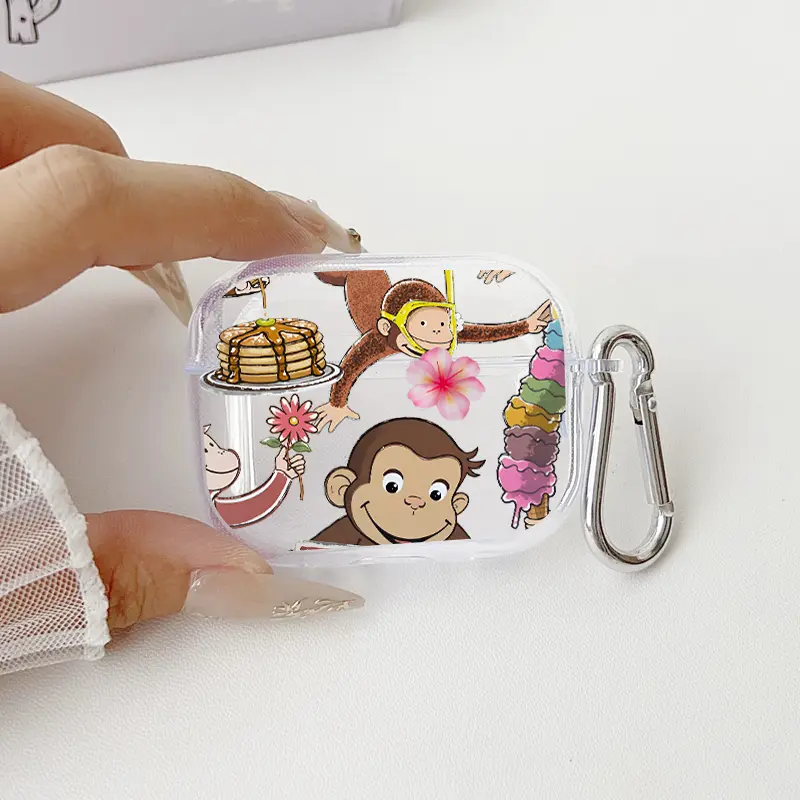 Yellow Hat Monkey Pattern Protective Case for AirPods 4/3/2/1/Pro/Pro2 Soft TPU Earphone Cover, Transparent with Keychain