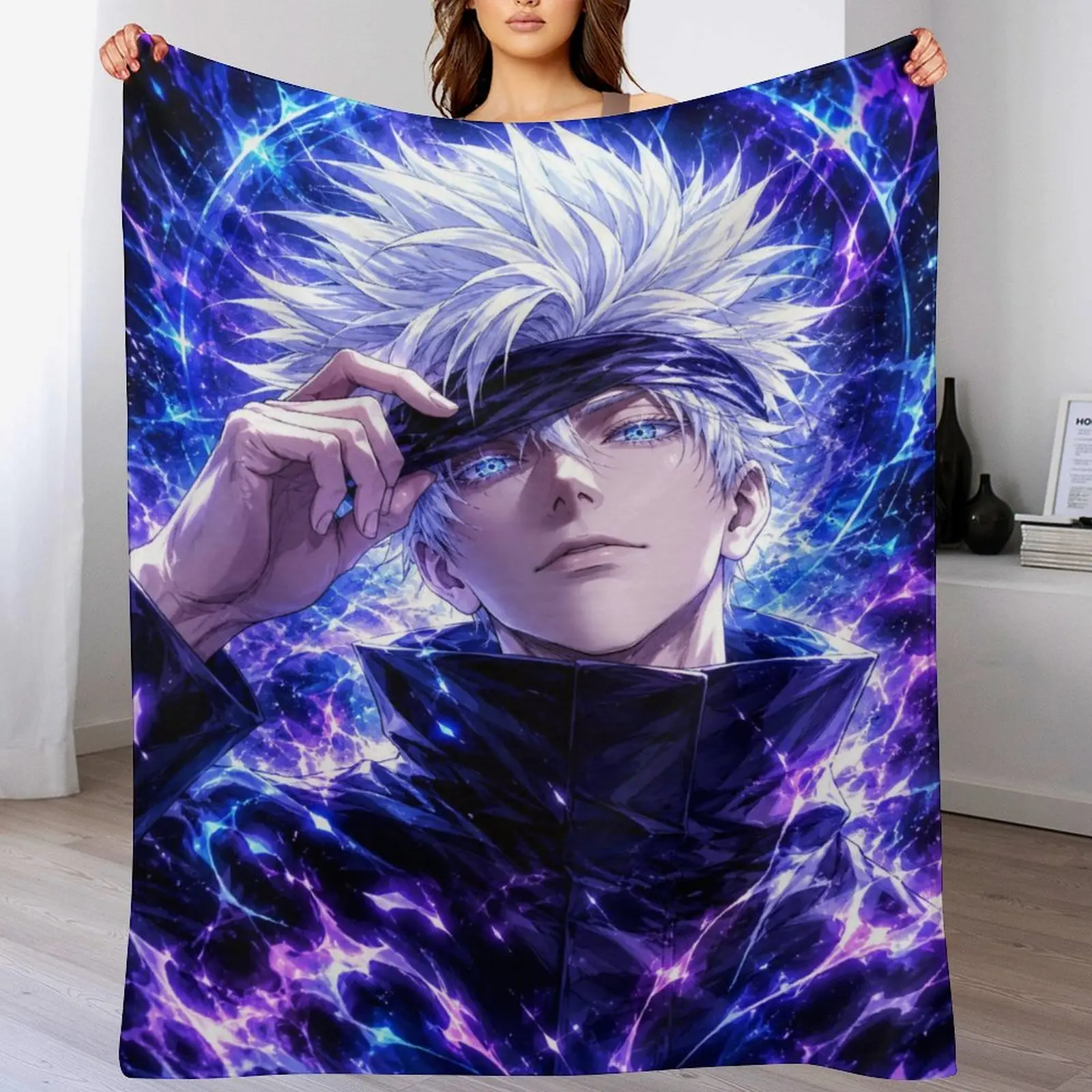 Jujutsu Kaisen Satoru Gojo Purple Lightning Anime Flannel Throw Blanket - Cozy Warmth Home Decor, Ideal Gift for Anime Fans