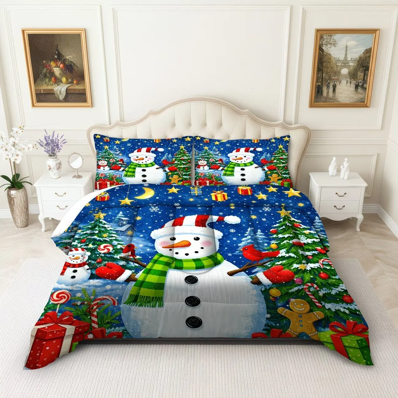3-piece snowman Christmas holiday blanket set soft and breathable digital printed polyester bedding (1 blanket+2 pillowcases), suitable for bedrooms and dormitories, machine washable, snowman theme, digital printing