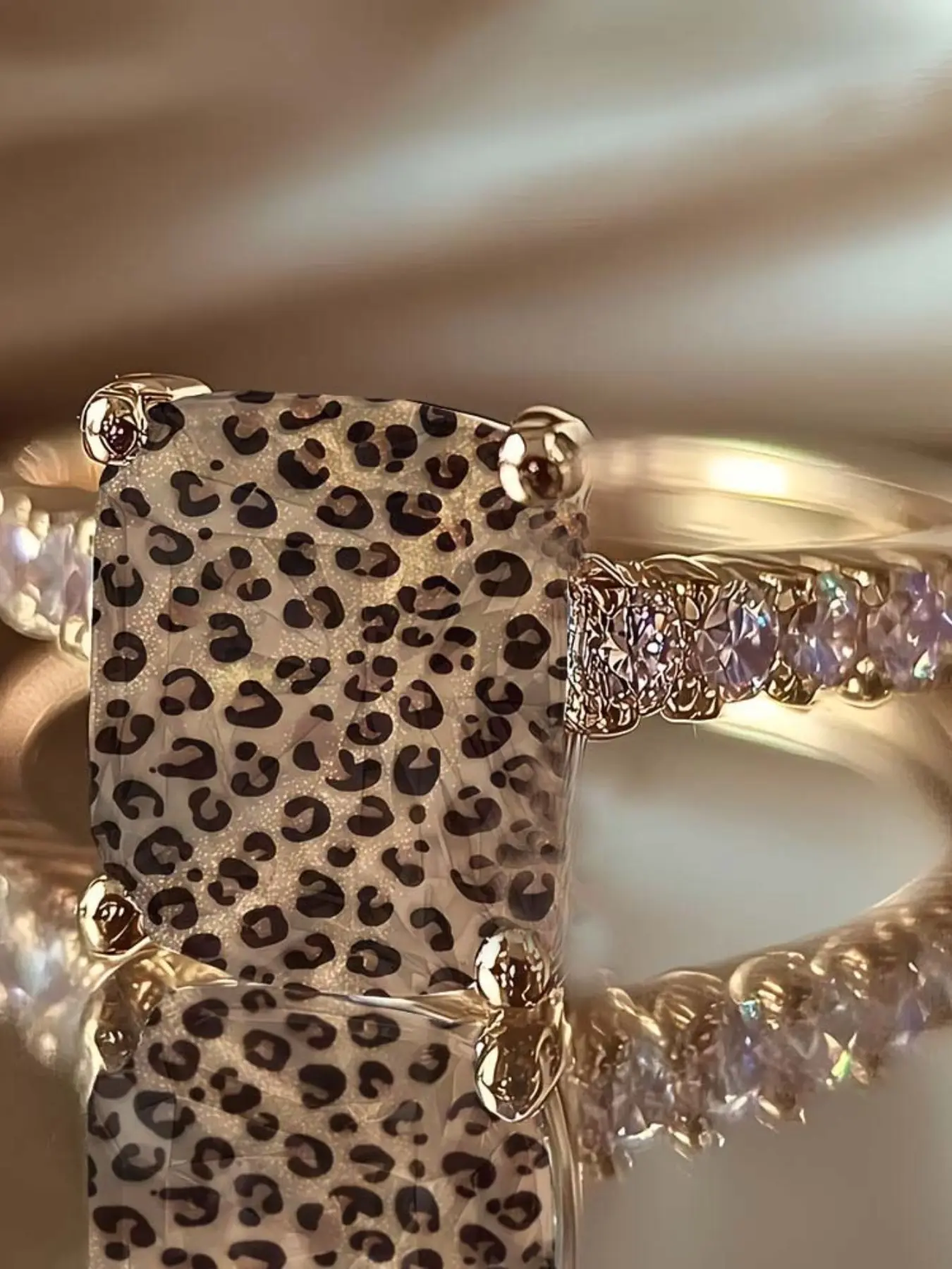 Leopard Print Square Statement Ring, Wild Pattern Design, Animal Theme, Side Embellishments, Bold Personalized Fashion Jewelry Ring