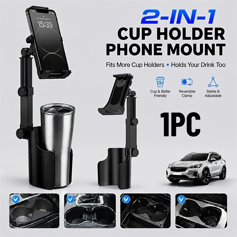 Two-In-One Car Cup Holder Phone Tablet Stand, Adjustable Height 360° Rotating Phone Mount, Universal Cup Holder Extender for IPhone Samsung IPad, Cell Phone Car Mount