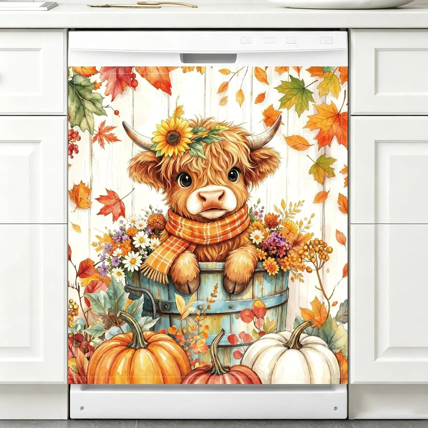 Decorative Magnetic Front Dishwasher Cover - Cute Fall Autumn Highland Cow Pumpkin Design, 23x26 in Magnetic Fridge Panel Decal Sticker for Thanksgiving Home Kitchen Decor