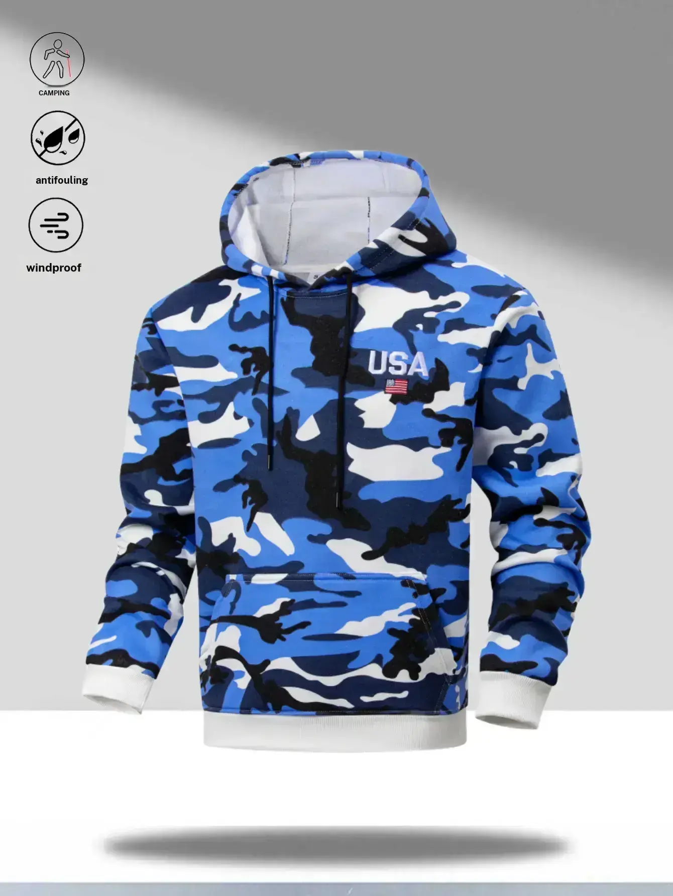 Men's Fitted Long-Sleeve Camouflage Hoodie Pullover - Americana Sweatshirt with USA Flag Print, Kangaroo Pocket, Adjustable Drawstring, Medium Length