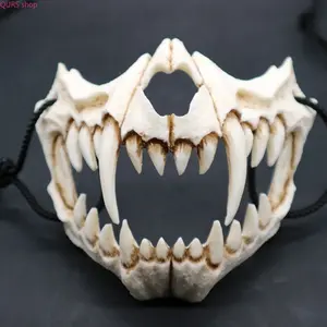 Plastic Realistic Tiger Fang Skull Half Mask With Adjustable Black Drawstring, Japanese Oni Beast Bone Style Face Cover, Scary Costume Accessory For Halloween Cosplay And Gothic Themed Party Events