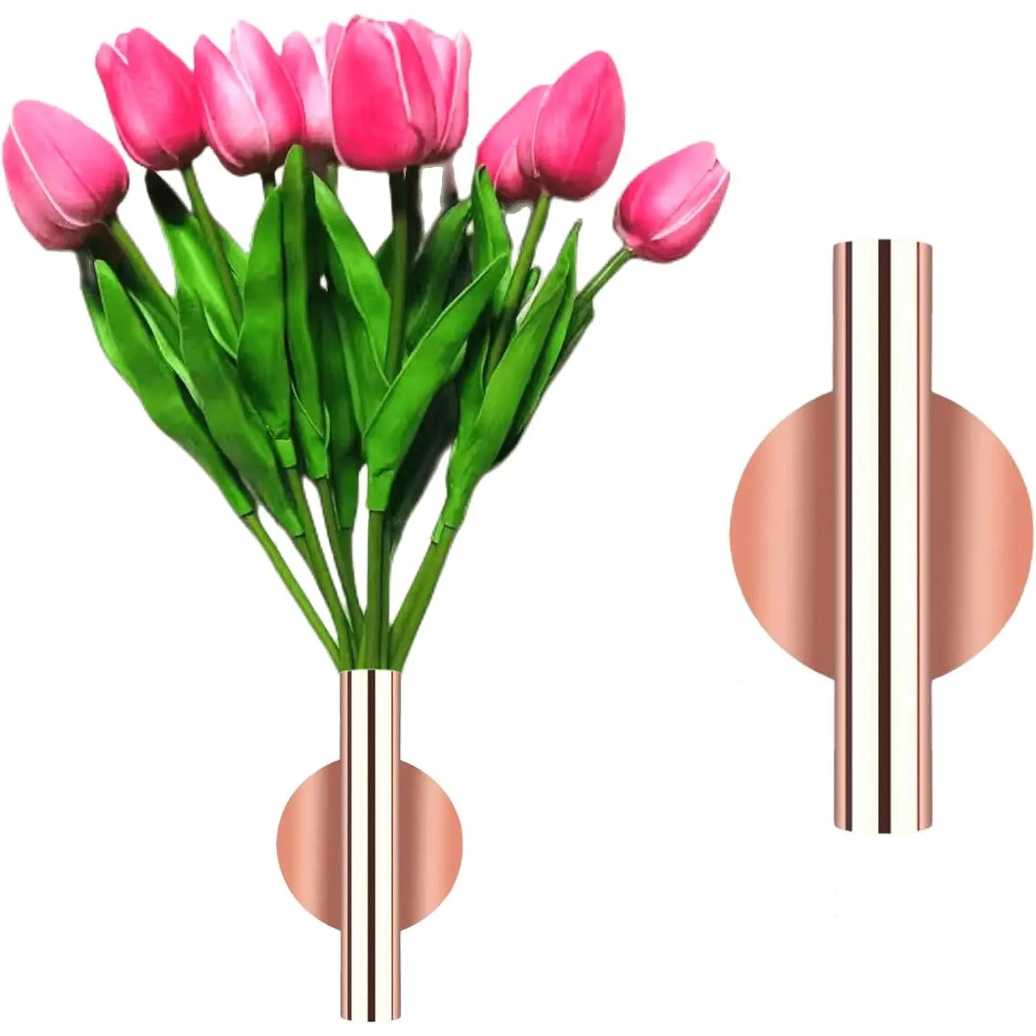Modern Metal Tube Wall Vase - Synthetic Room Decor Holder for Dried Florals, Gravestone Memorial Decoration (1 Round Rose Included)
