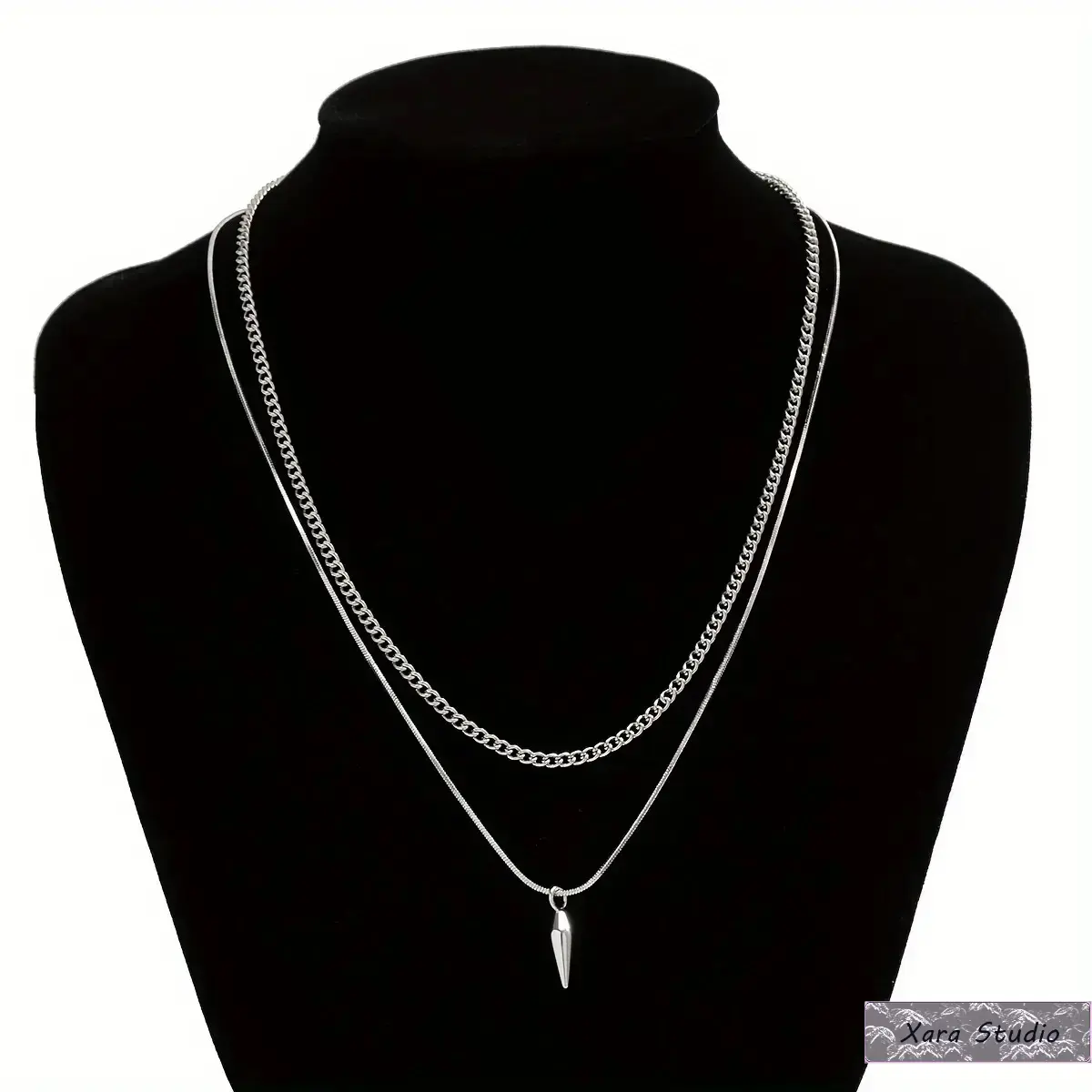 Minimalist Men's Stainless Steel Layered Necklace, Hip Hop Chic Double-Layer Silvery Pendant Jewelry with Pointed Cone Charm, Adjustable Chain for Party, Birthday, Wedding, Engagement, Anniversary Gifts