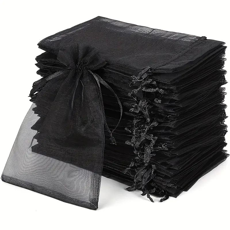 50PCS Black Organza Gift Bags 4x6 Inch | Drawstring Sheer Favor Pouches for Wedding, Birthday Party, Candy & Small Business Retail Packaging