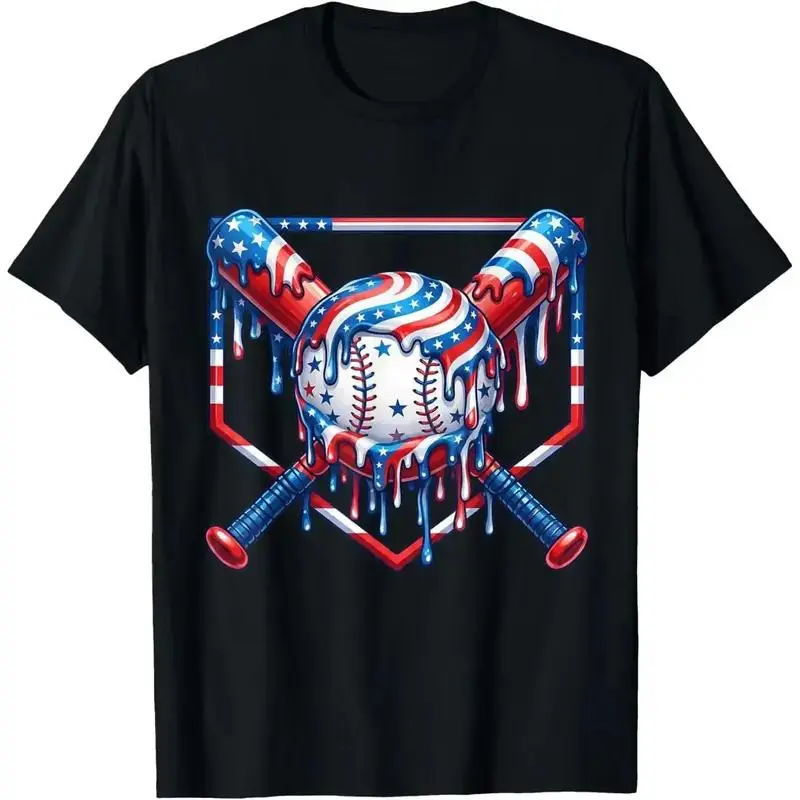 Men's Fitted Seamless Knit Patriotic Drip Baseball Graphic Tee - Smooth, Elastic, USA Flag Star Stripe Print, Crossed Bats, Retro Home Plate Shape, Black Short Sleeve, 4th Of July Sports Casual Streetwear Top