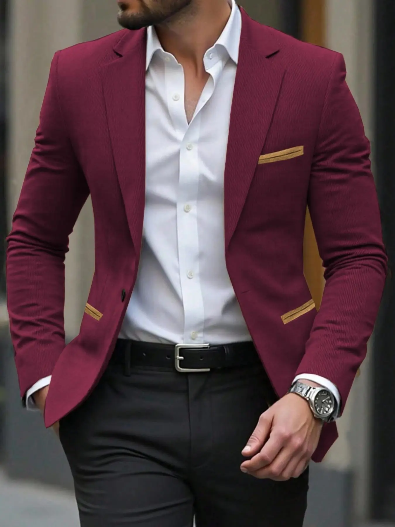 Men's Velvet Suit Jacket, Regular Business Blazer, Suitable for Spring & Fall, Casual Style, Fitted, Patchwork Pattern