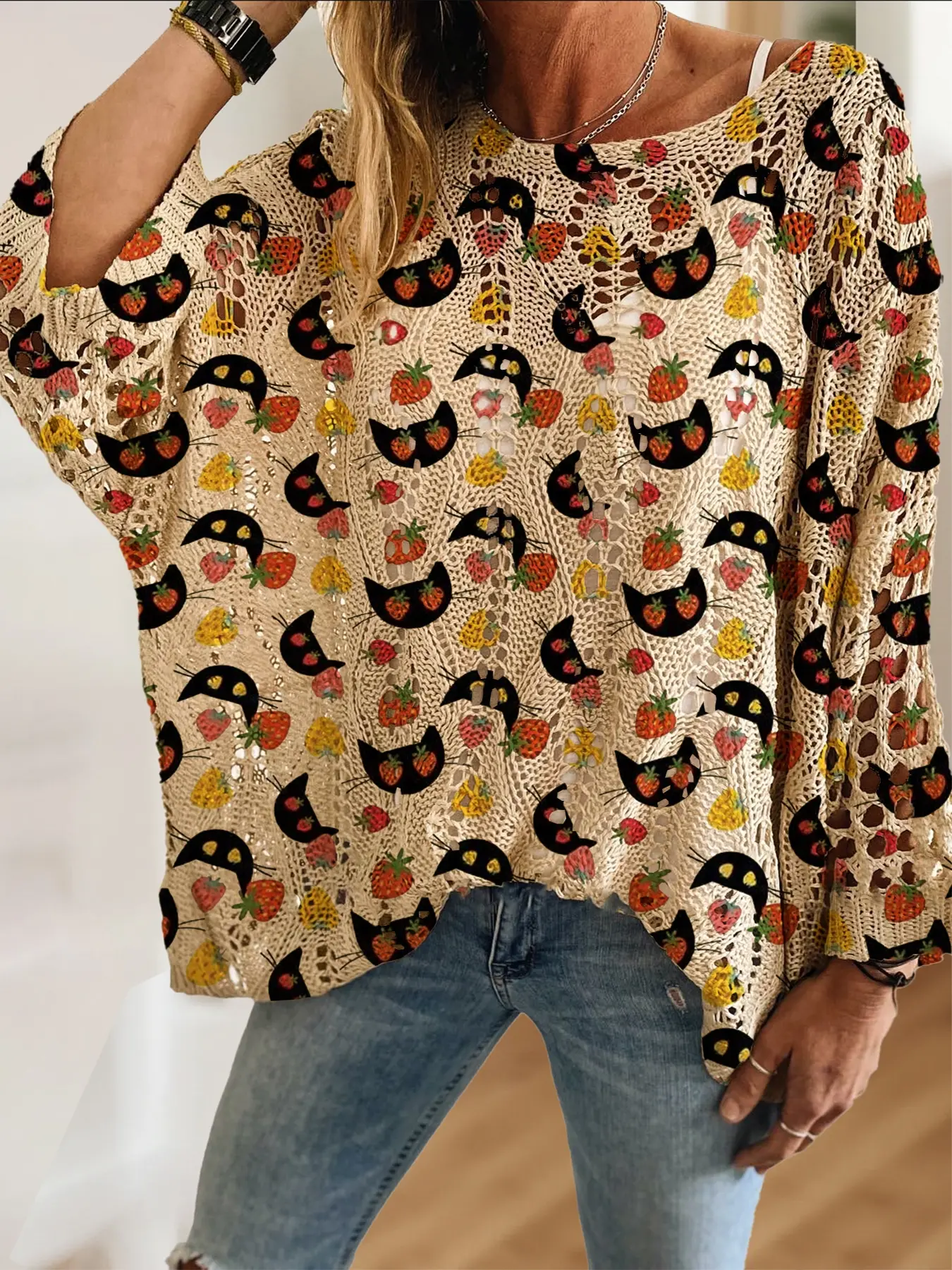 Women's Halloween Cartoon Animal Pumpkin Print Long Sleeve Knit Top, Casual Elegant Resort Style Sweater, Comfortable Breathable Women's Shirt