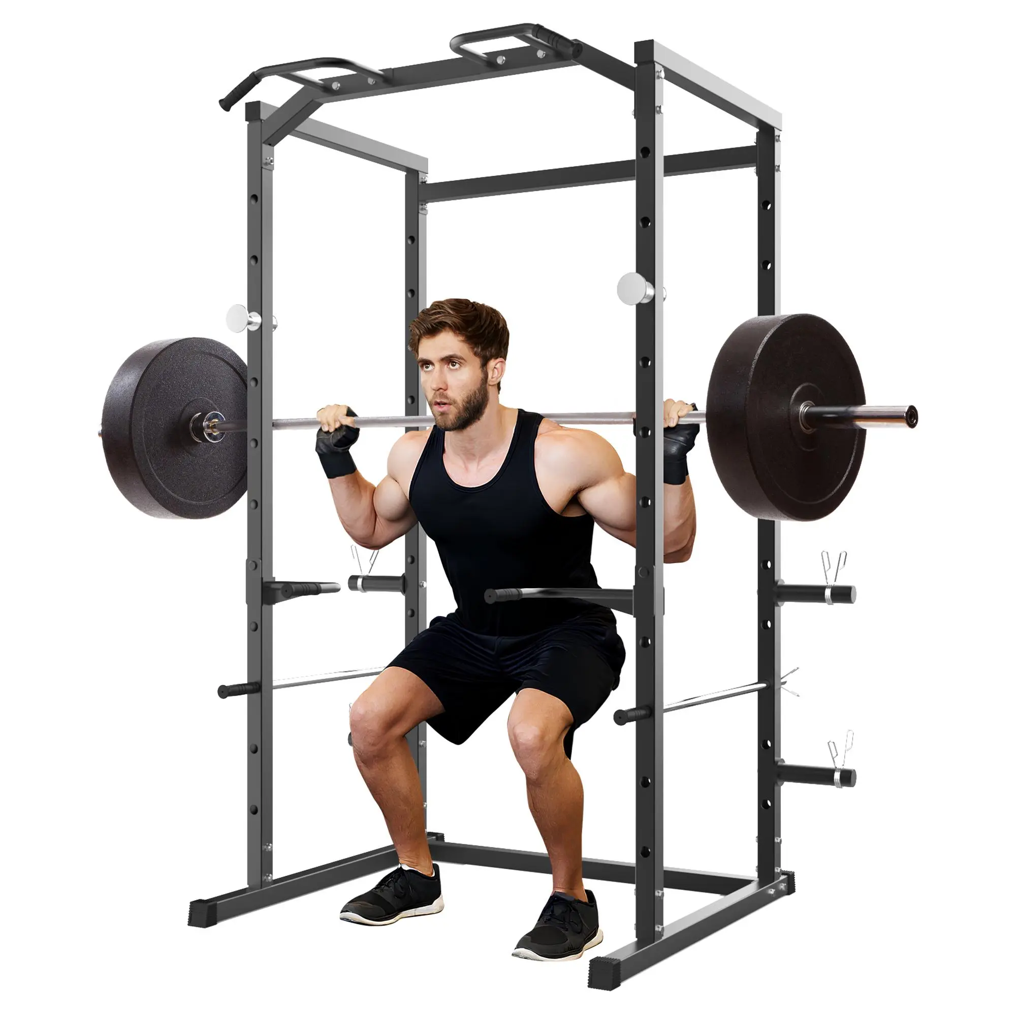 Heavy Duty Power Cage Squat Rack, 1100LB Steel Strength Training Equipment for Home Full Body Gym with Adjustable Arms, Pull-Up Bar, Dip Bars & Safety Spotter, Multi-Function