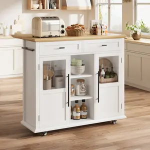 Rolling Kitchen Island Cart with Expandable Wide Drop Leaf Top, Solid Wood Countertop Mobile Coffee Bar with 3-Tier Open Storage Shelves, Portable Serving Cart for Small Kitchens, Dining Rooms & Compact Spaces