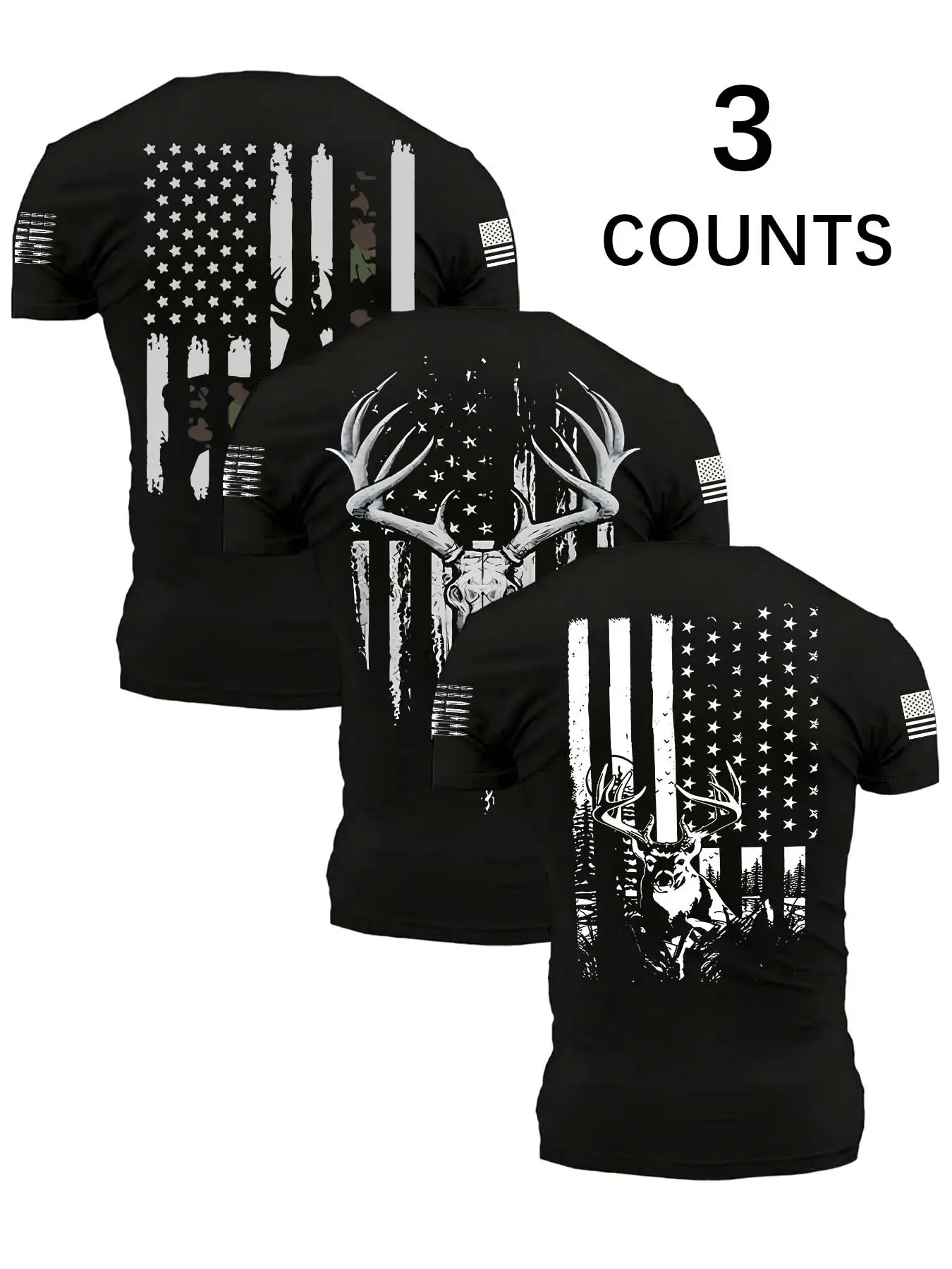 Men's Casual Round Neck Short Sleeve T-Shirt Set, Retro Deer American Flag Pattern, Breathable Street Style, Four-Season Wear