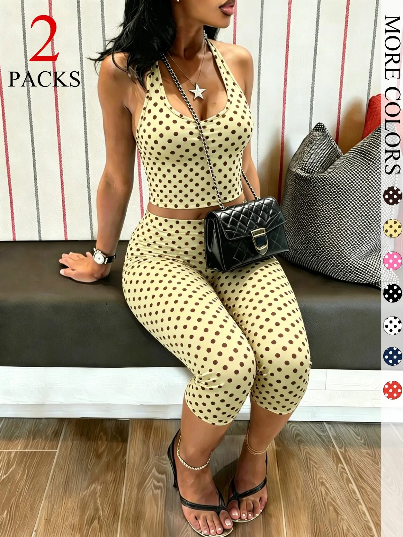 2 Packs Women Polka Dot 2 Piece Outfit, Halter Crop Top & High Waist Capri Leggings Set, Bohemian Slim Fit Loungewear Tracksuit for Streetwear Summer