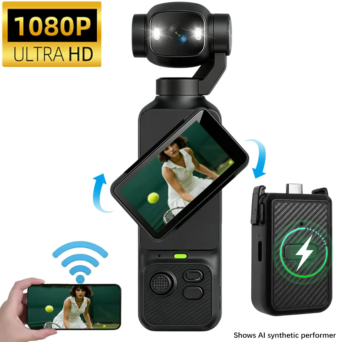 Vlogging Camera, Vlogging Video Camera with 180°Rotatable Lens, 1080P HD Pocket Camera with Dual LED Light, WiFi Connection, Loop Recording, Rechargeable Vlog Camera and Charging Case for Travel, Creator Content, Family and Daily Recording