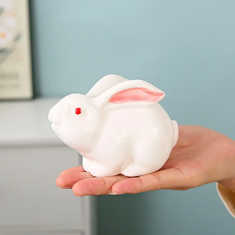 Ceramic Bunny Rabbit Figurines | Easter Decorations for Home | Small White Tabletop Ornament | Spring Porcelain Decorative Statue Decor
