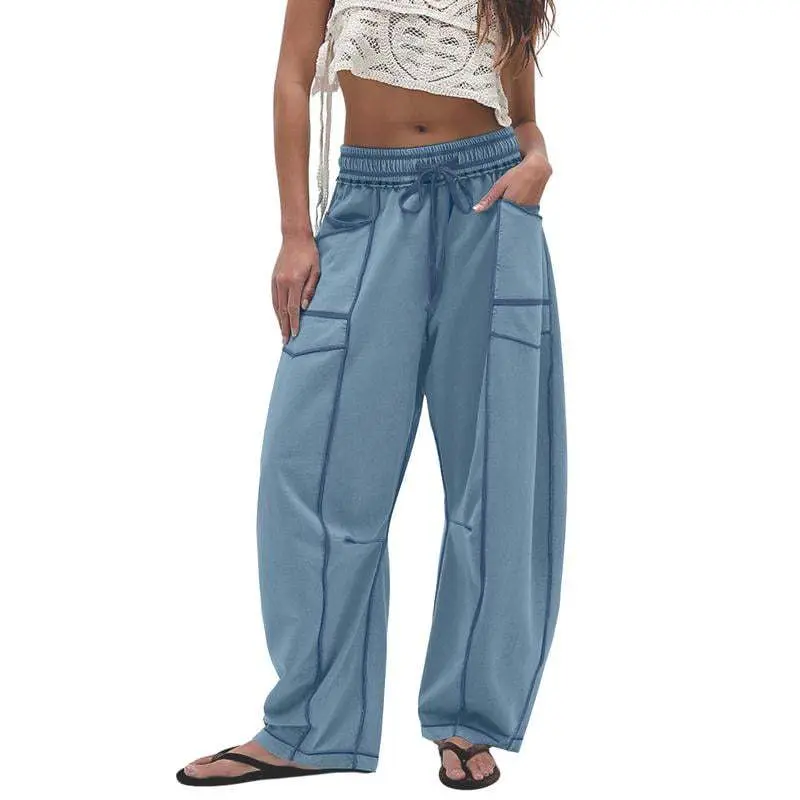 Women’s Baggy Barrel Wide-Leg Yoga Lounge Pants - Drawstring Pockets, Athleisure Style Bottoms, Women's Clothes,summerwins