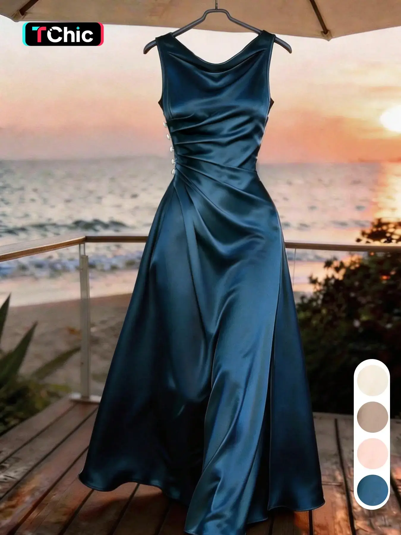 Peacock Blue Satin Dress, French Elegant Sleeveless Gown, Flowy Satin Midi Dress, Summer New Arrival, Business Formal Evening Wear