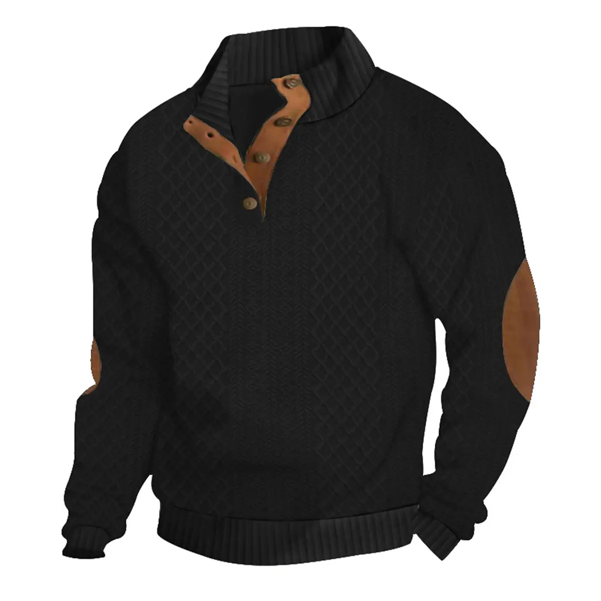Men's Diamond Textured Knit Henley Sweater - Half-Button Stand Collar Pullover with Faux Leather Elbow Patches, Ribbed Cuffs & Hem, Slim Fit Vintage Long Sleeve Top, Warm for Autumn Winter Daily Outdoor Outfits, Machine Washable, Machine Wash