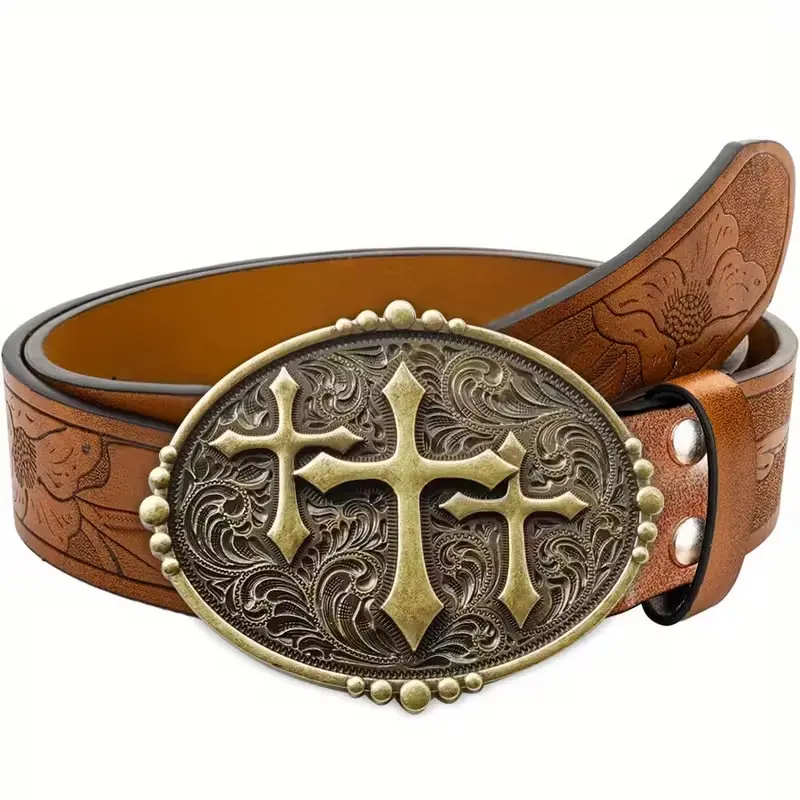 Western Cowboy Embossed Leather Belt, Triple Cross Floral Engraved Antique Bronze Oval Buckle, Vintage Rodeo Unisex Belt for Country Jeans Outfits