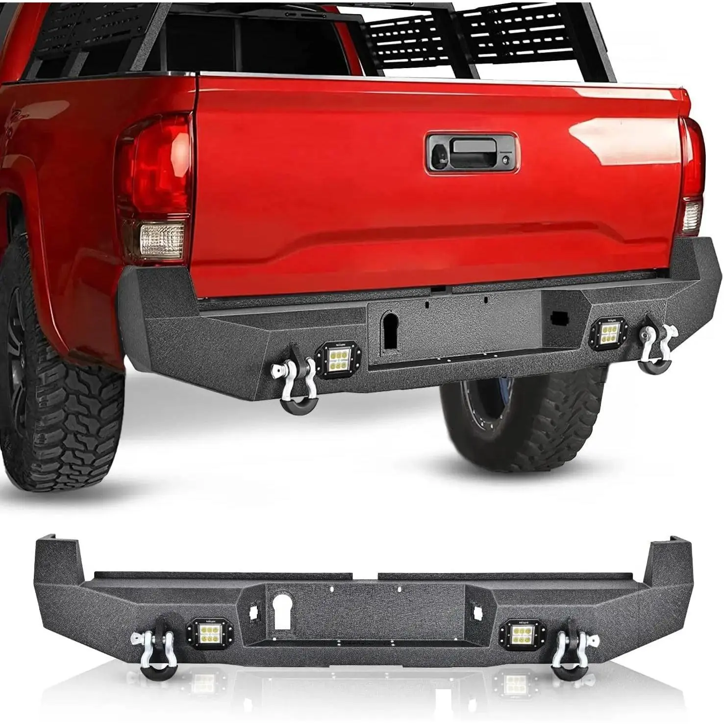 Nilight Full Width Rear Step Bumper for 2016-2024 Toyota Tacoma, Textured Black Solid Metal Off-Road Bumper with 2 Upgraded 18W LED Lights, D-Rings & Isolators, 2x4.75ton Isolators, 2in x0.120in Tubing, 5/32in Sheet, 2In X 0.120In Steel Tubing, 5/32In Ste